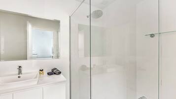 Shower, towels, soap, toilet paper