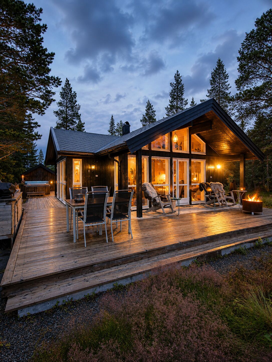 A wooden cabin with a deck, outdoor seating, and a fire pit.