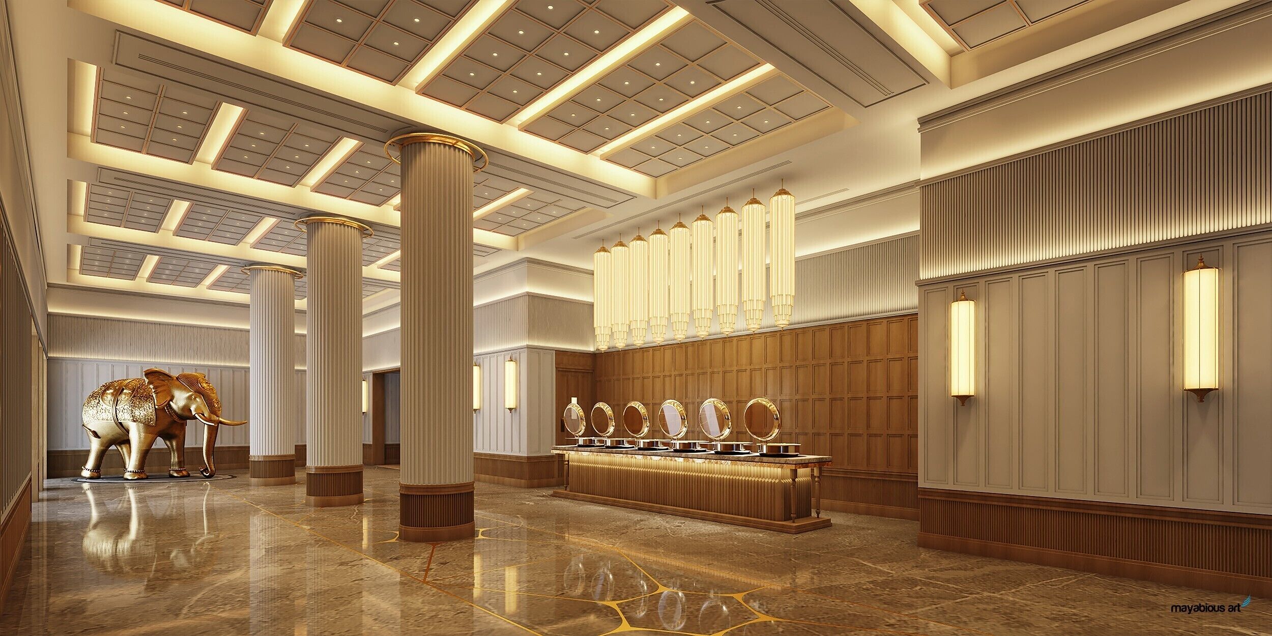 A spacious lobby with marble floors, large columns, and a reception desk with mirrors.