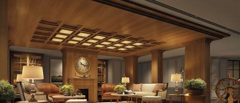 A spacious lobby with a large wooden ceiling, a grand clock, and comfortable seating areas.