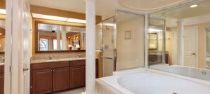 Shower, jetted bath, hair dryer, towels