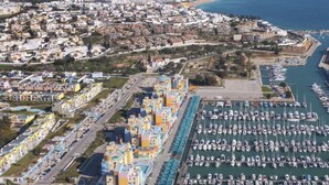 An aerial view of a coastal city with a marina filled with boats, residential areas, and a beach in the background.