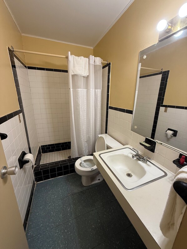 Deluxe eenpersoonskamer | Badkamer | Een bad/douchecombinatie, gratis toiletartikelen, een haardroger