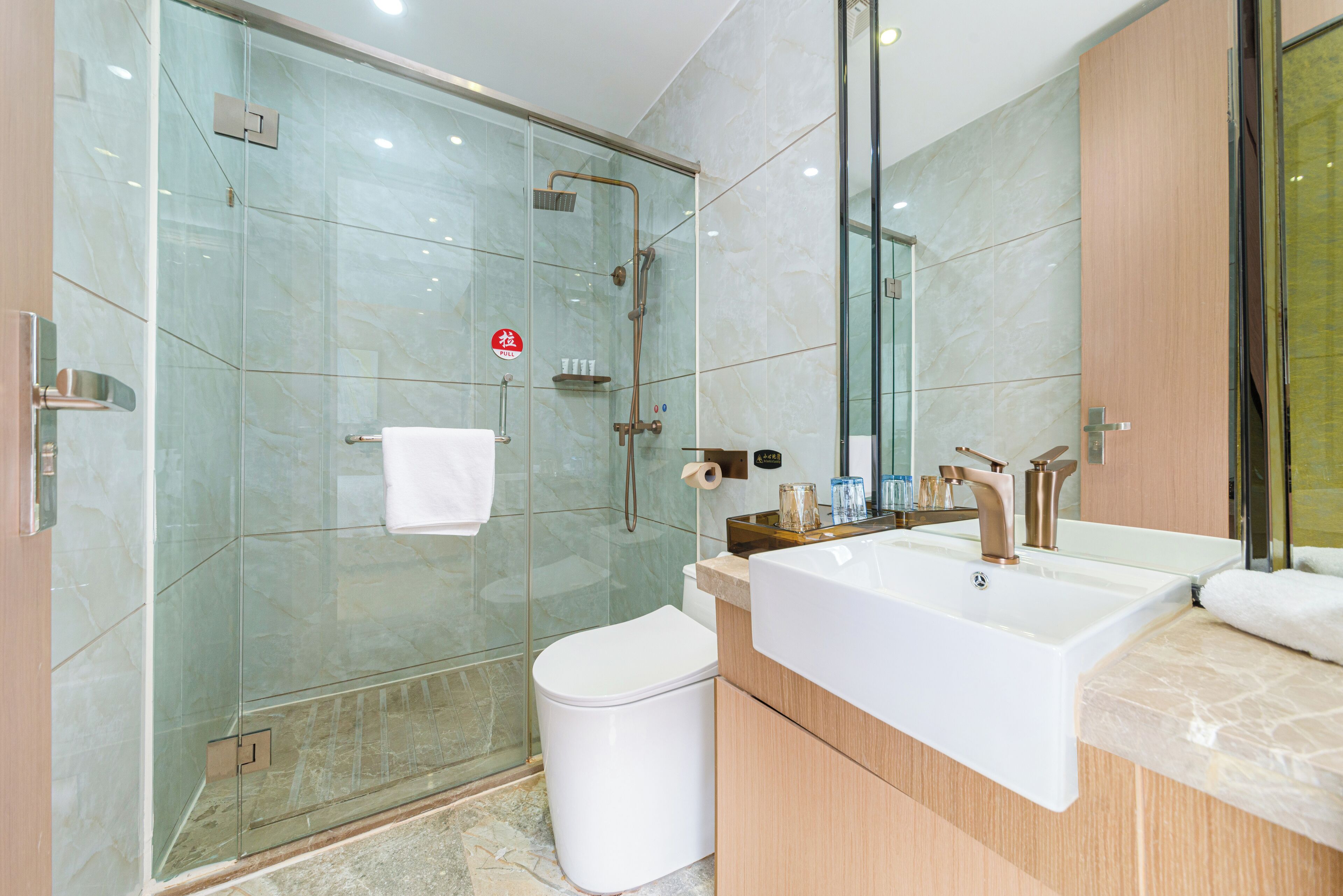 A modern bathroom with a glass-enclosed shower, a white toilet, and a large sink with a mirror.