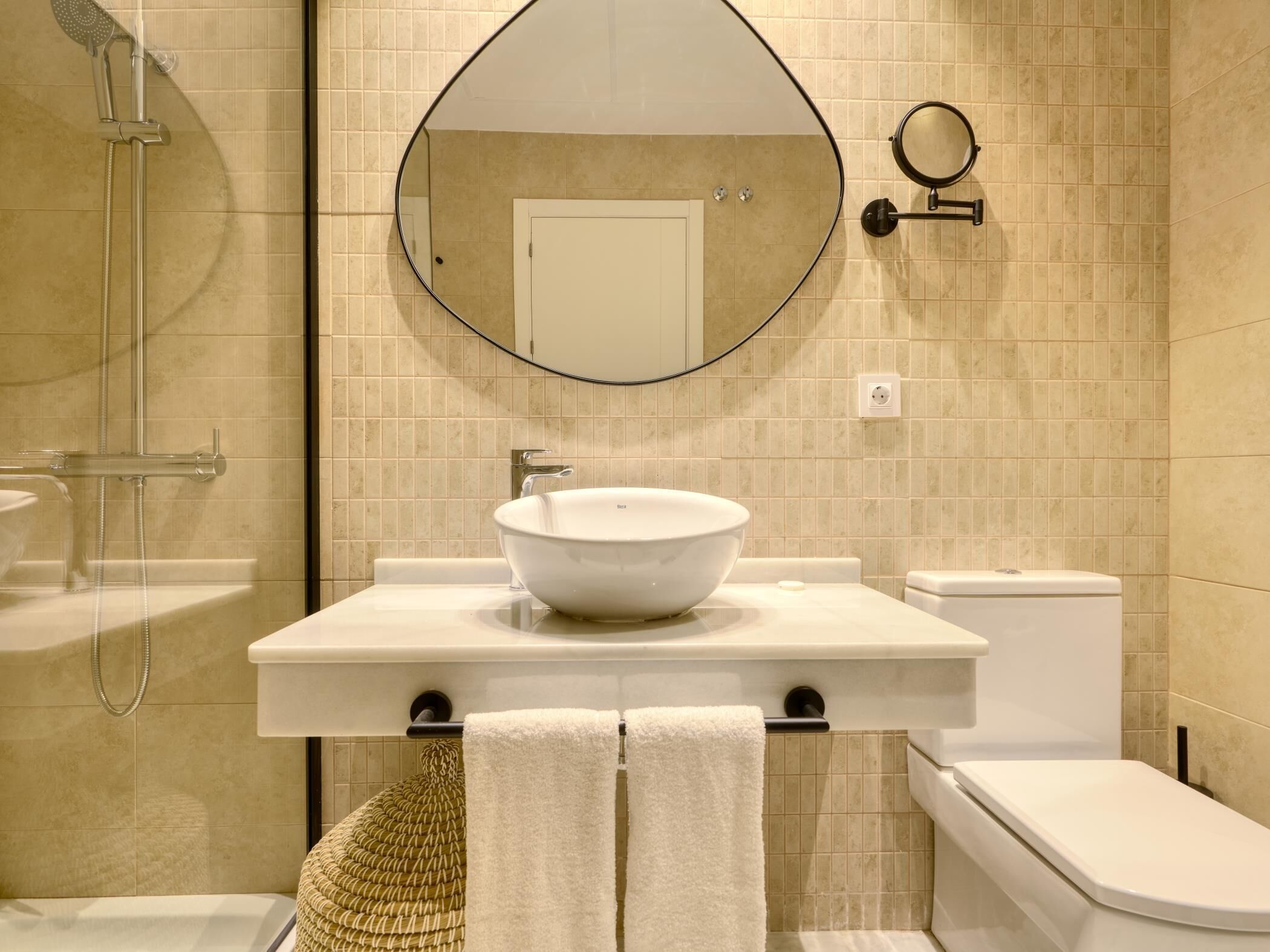 Hair dryer, towels, soap, toilet paper