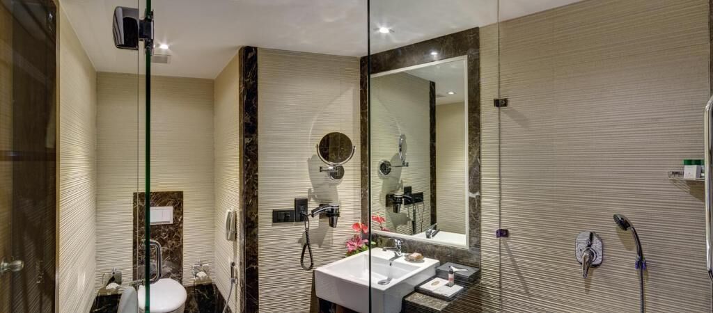 A modern bathroom with a glass shower enclosure, a large mirror, and a vanity with a sink and mirror.