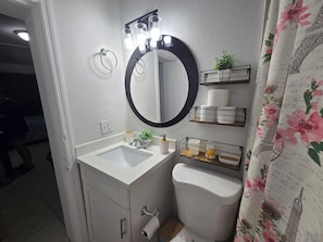 Hair dryer, towels, soap, toilet paper