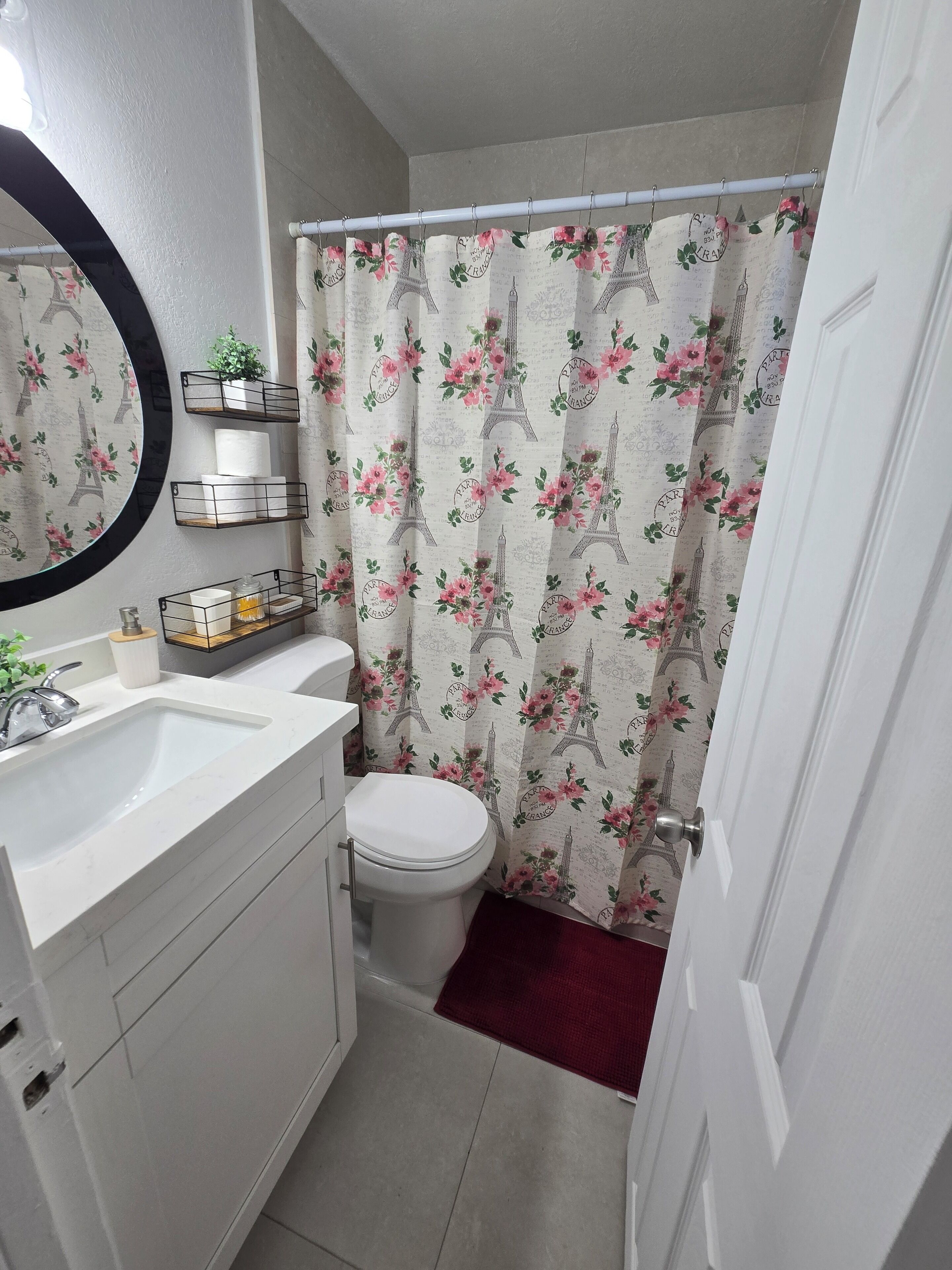 Hair dryer, towels, soap, toilet paper