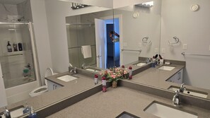 Hair dryer, towels, soap, toilet paper