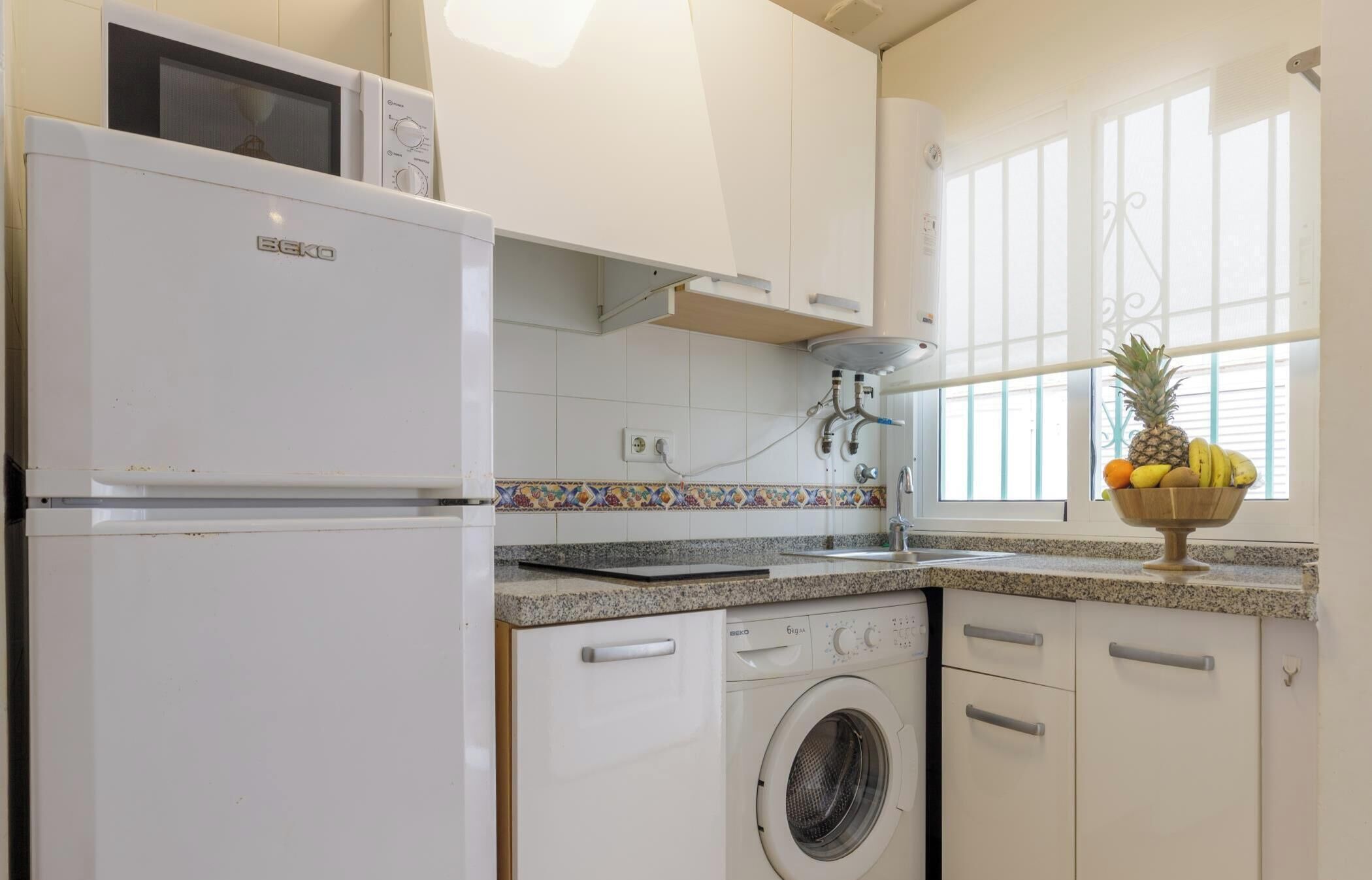 Fridge, microwave, coffee/tea maker, toaster