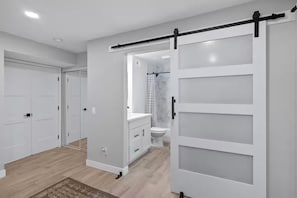 Hair dryer, towels, soap, toilet paper