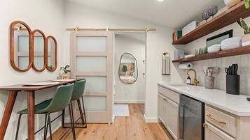 Microwave, coffee/tea maker, toaster, cookware/dishes/utensils