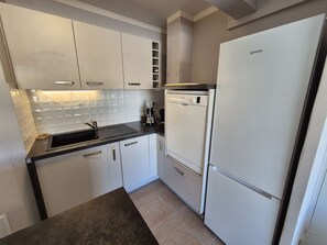 Fridge, oven, dishwasher, cookware/dishes/utensils