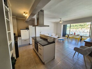 Fridge, oven, dishwasher, cookware/dishes/utensils