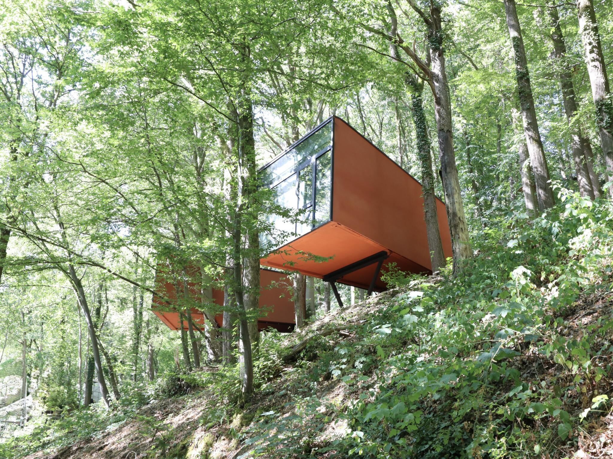 A modern structure with a sloped roof, surrounded by dense forest.