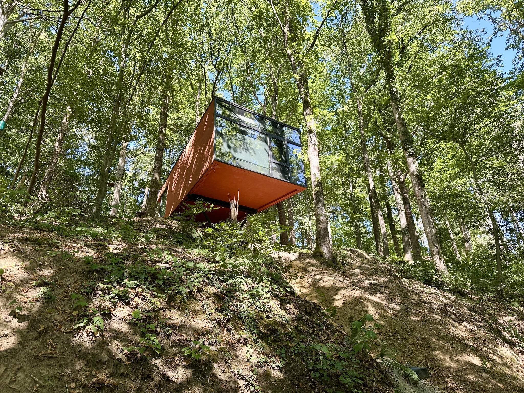 Une structure moderne et imposante, située au cœur d’une zone boisée.
