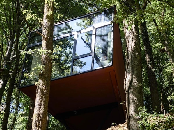 A modern treehouse with large windows and a wooden deck, surrounded by dense forest. - A treehouse in the heart of La Roche (La Roche en Ardenne)