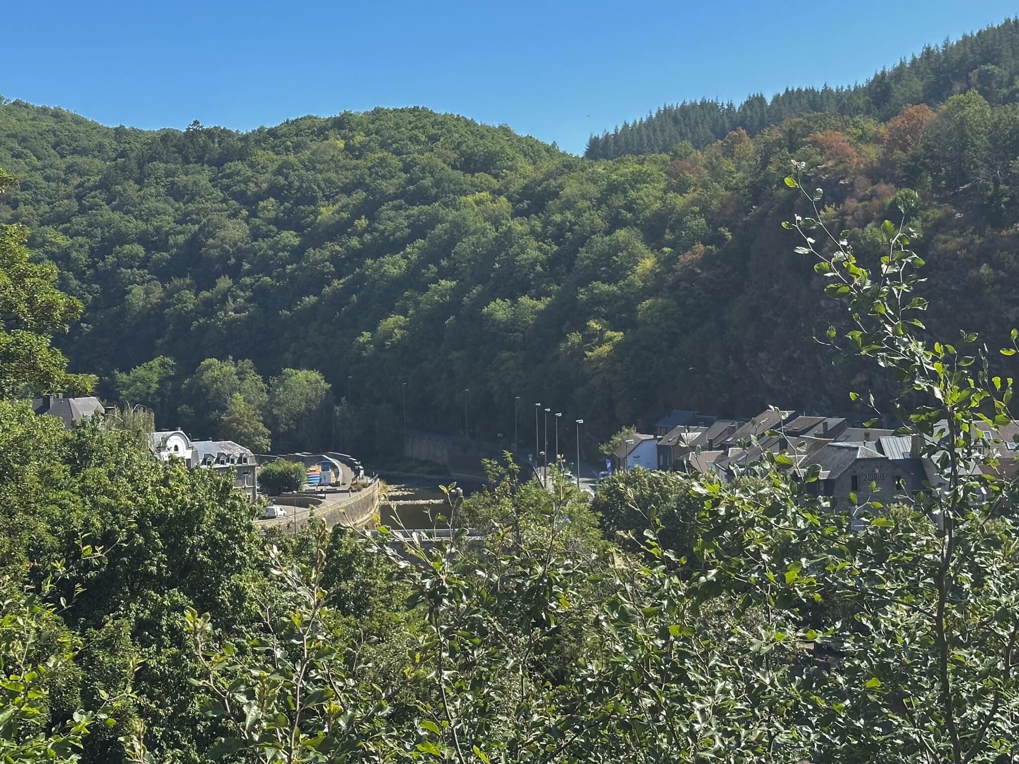 Un quartier résidentiel avec des maisons, une route et une colline boisée en arrière-plan.
