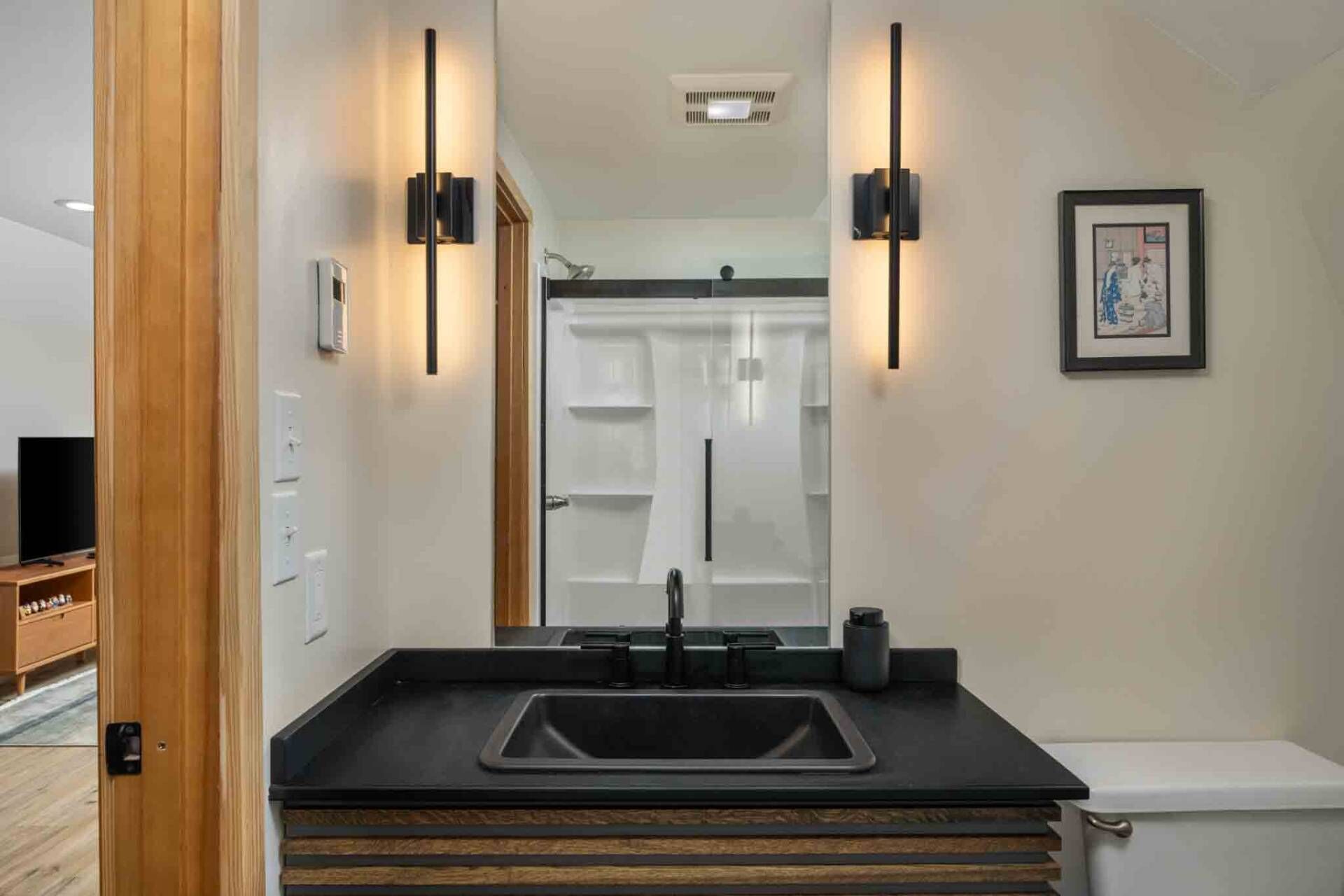 Hair dryer, towels, shampoo