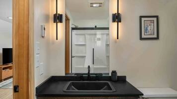 Hair dryer, towels, shampoo