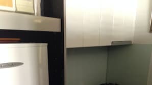 A compact kitchen with a white refrigerator, a stove, and a sink.