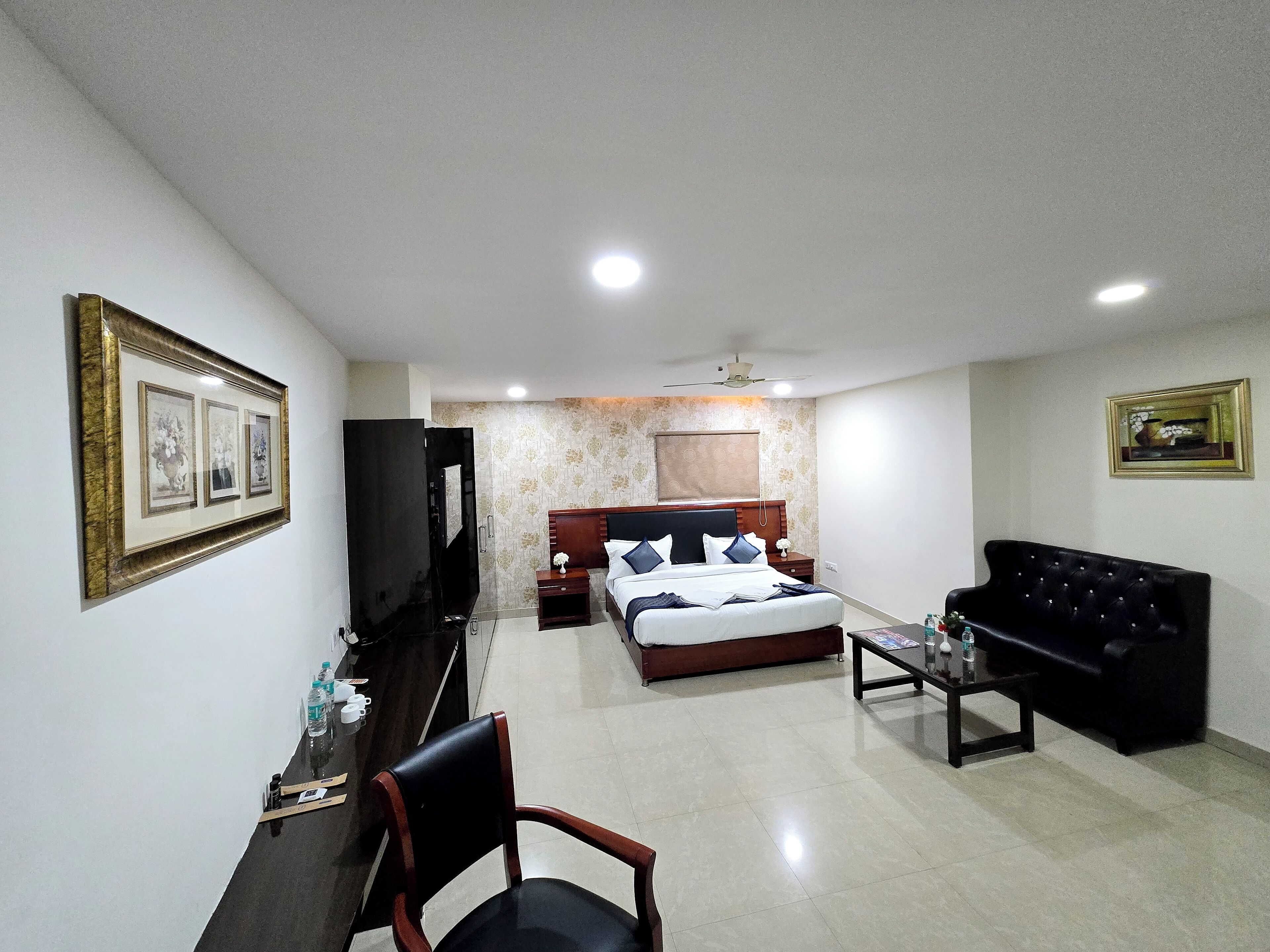 A hotel room with a bed, a TV, a desk with a chair, a sofa, and a ceiling fan.
