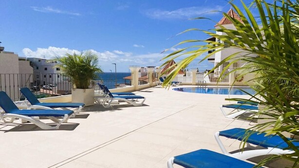 Un espace aménagé au bord de la piscine, avec des chaises longues, un palmier et une vue sur l’océan.