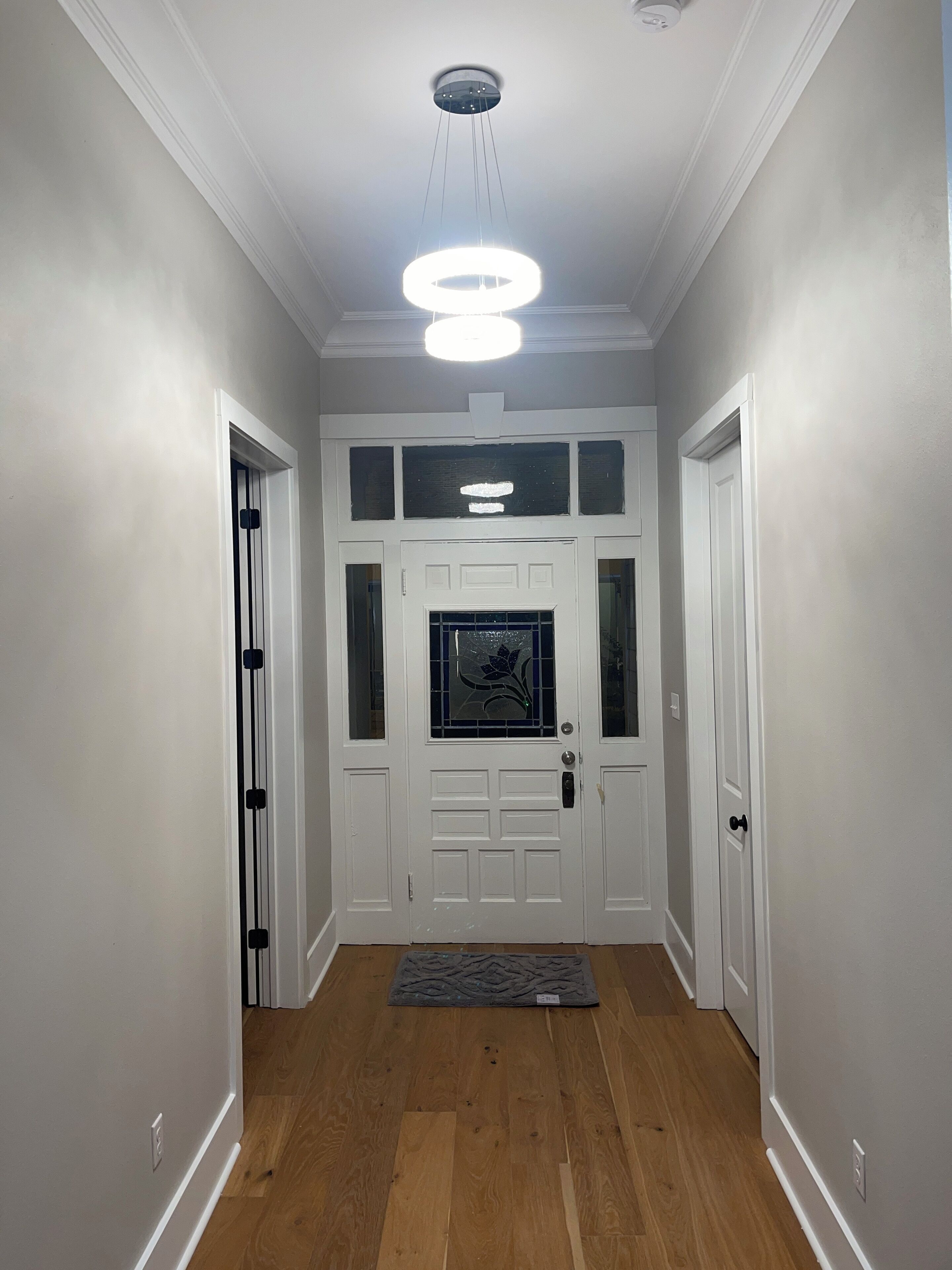 A hallway with a white door, a ceiling light, and a wooden floor.