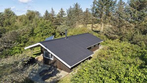 A modern house with a sloped roof, surrounded by dense forest.
