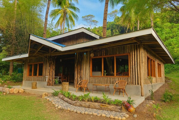 A modern wooden house with a covered porch, large windows, and a stone pathway leading to the entrance.
