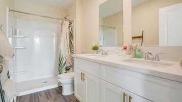 Hair dryer, towels, soap, toilet paper
