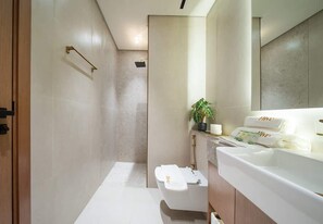 Shower, hair dryer, shampoo