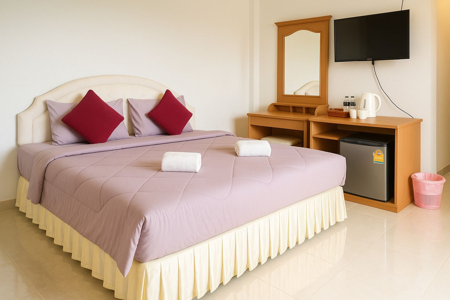 Una cama bien hecha con cabecera, una cómoda de madera pequeña con espejo, un televisor montado en la pared y un refrigerador.