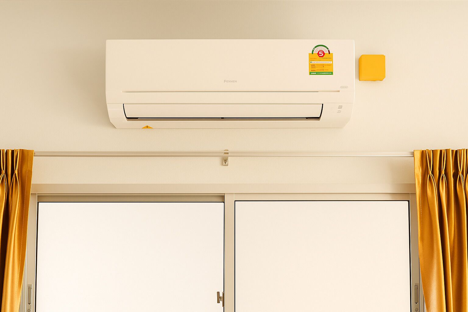 A room with a white air conditioning unit, a door with a handle, and yellow curtains.