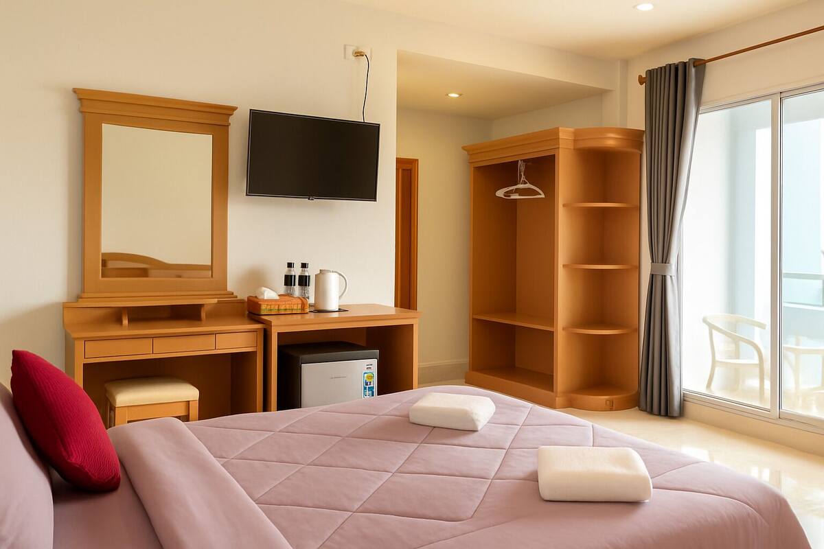 Une chambre d’hôtel comprenant un lit, un bureau, une télévision, une armoire et un balcon avec une chaise.