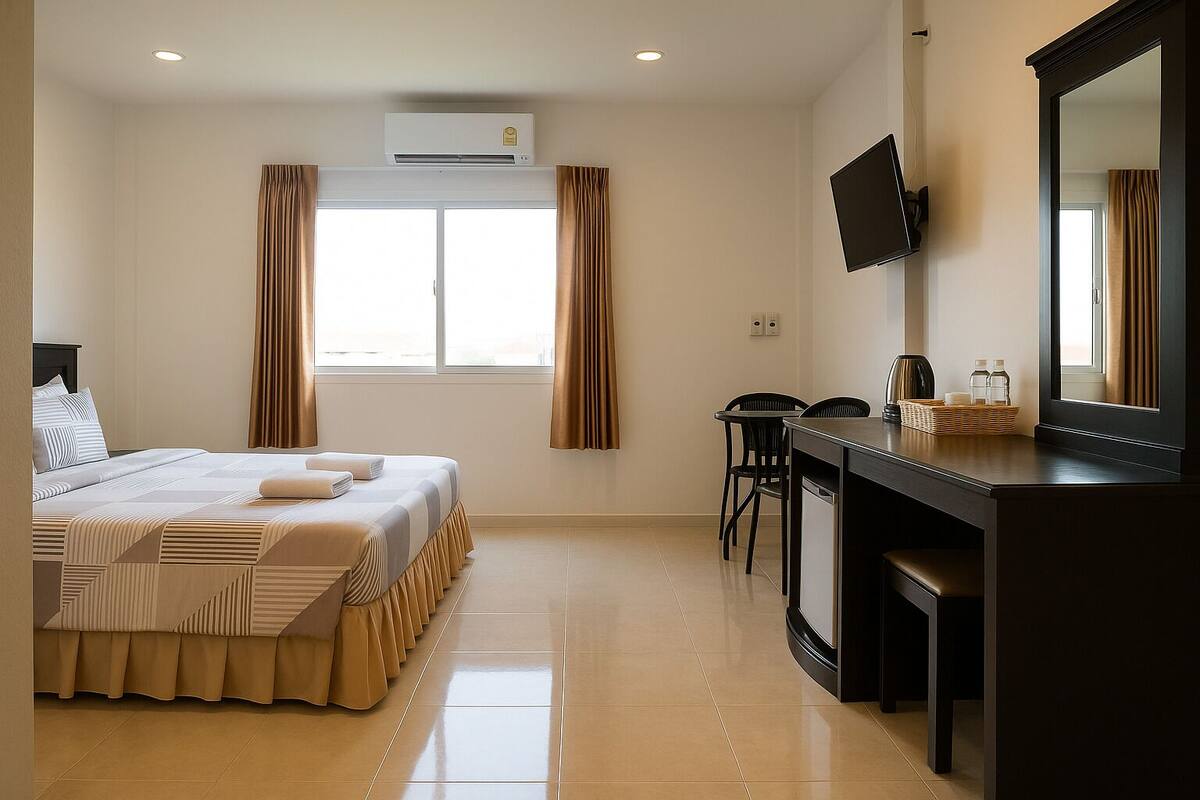 Une chambre d’hôtel équipée d’un lit, d’un bureau, d’une chaise, d’une télévision et d’un appareil de climatisation.
