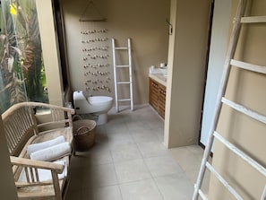 Ducha, secador de pelo, toallas, jabón