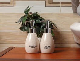 Two toiletry bottles labeled 'Shower Gel' and 'Shampoo' on a wooden surface with a plant in the background.