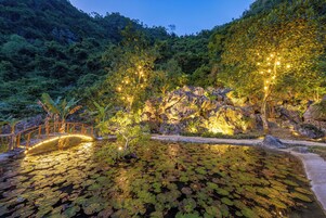 A serene pond with lily pads surrounded by a wooden bridge and illuminated trees.