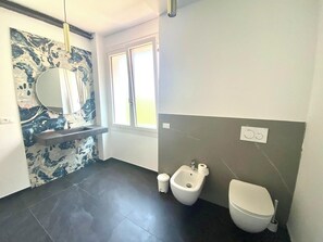 Shower, hair dryer, bidet, towels