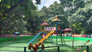 A playground with slides, swings, and a climbing structure.