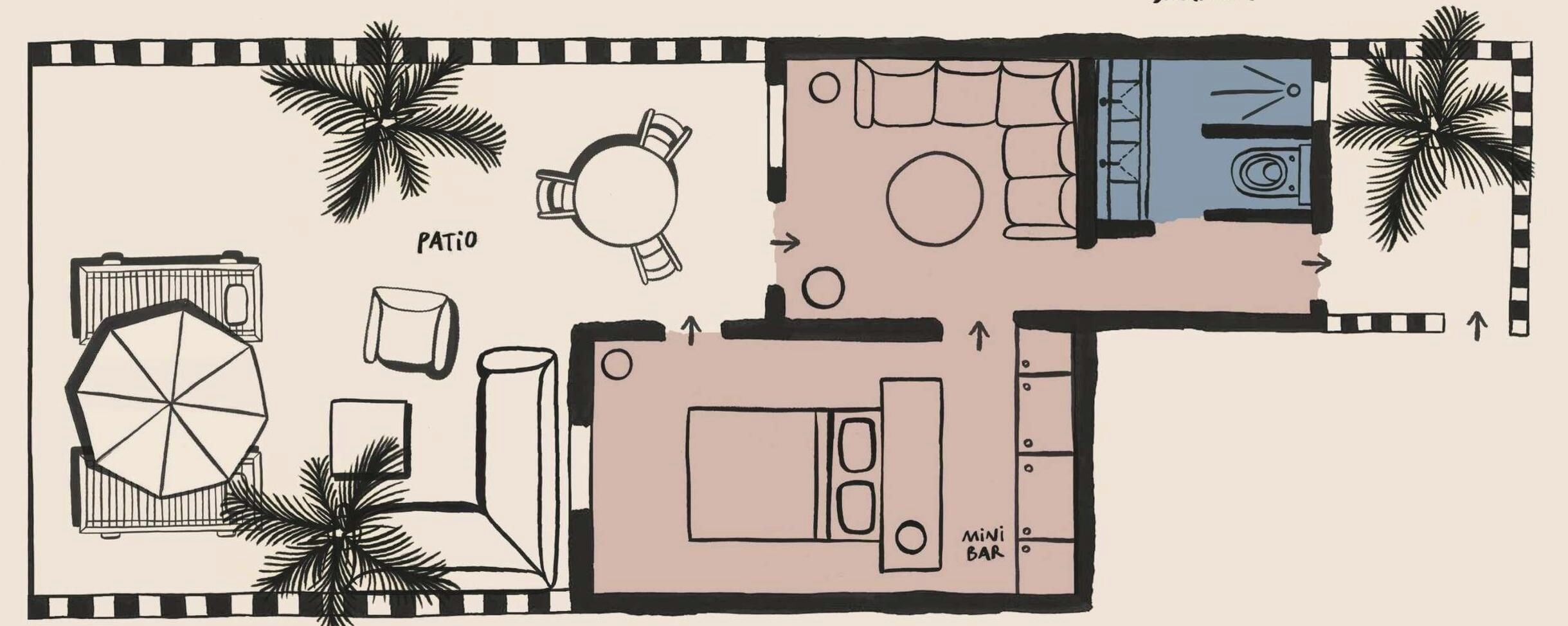 A floor plan with a patio area, a kitchen, and a mini-bar.