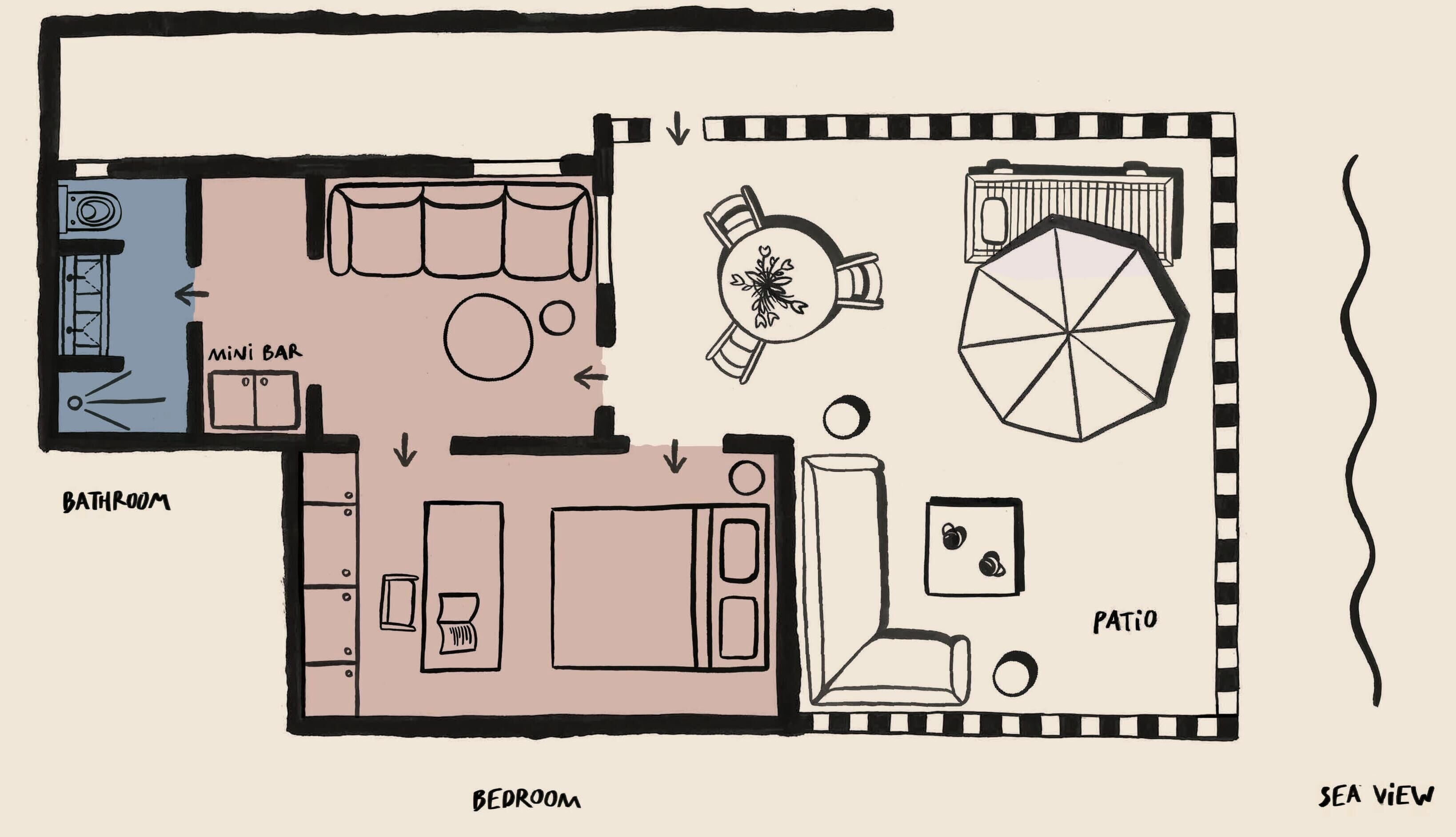 Une chambre avec un lit, un bureau et une chaise ; une salle de bain avec des toilettes et un lavabo ; un mini-bar ; une terrasse avec une table et un parasol ; et une vue sur la mer.