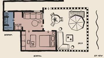 Une chambre avec un lit, un bureau et une chaise ; une salle de bain avec des toilettes et un lavabo ; un mini-bar ; une terrasse avec une table et un parasol ; et une vue sur la mer.