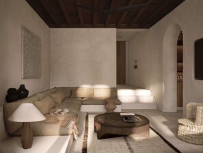 LUURA SUITE, 1 BEDROOM WITH POOL, Living Area, Sofa bed, Pool, 65sqm terrace, Sea view | Premium bedding, free minibar, free WiFi, bed sheets