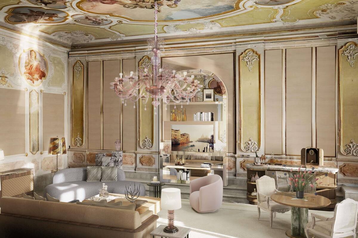 A luxurious room with a grand chandelier, plush seating, and ornate wall decorations.