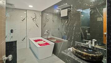 Shower, towels, soap, shampoo