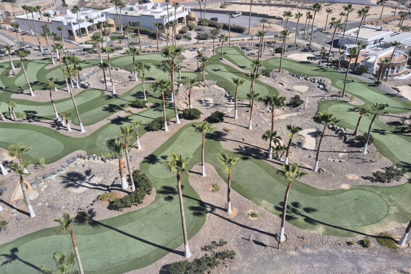 A golf course with palm trees, a clubhouse, and a parking area.