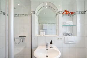 Shower, hair dryer, soap