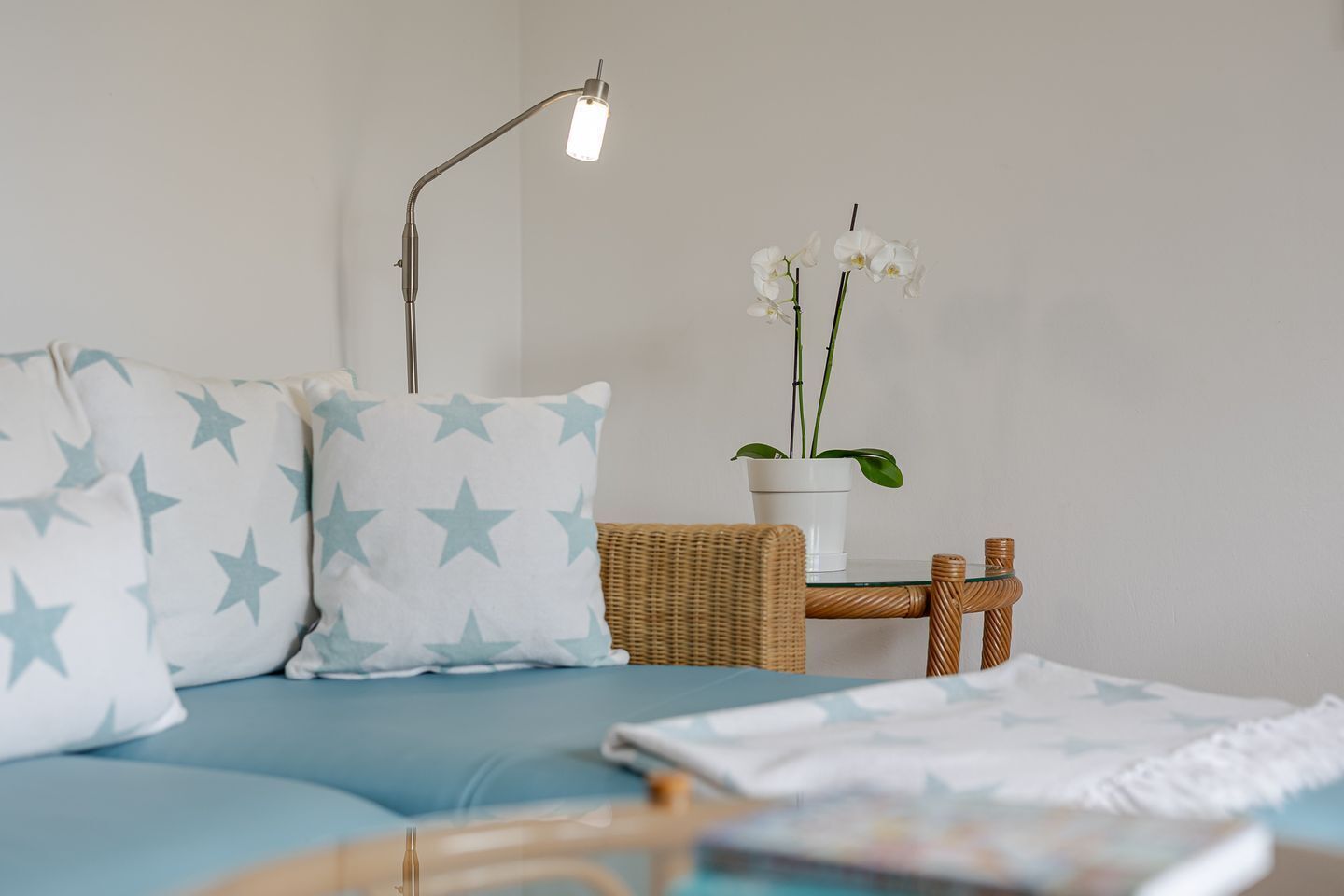 Una habitación con un sofá azul, almohadas con diseño de estrellas, una silla de mimbre, una mesita con una planta en maceta y una lámpara de pie.
